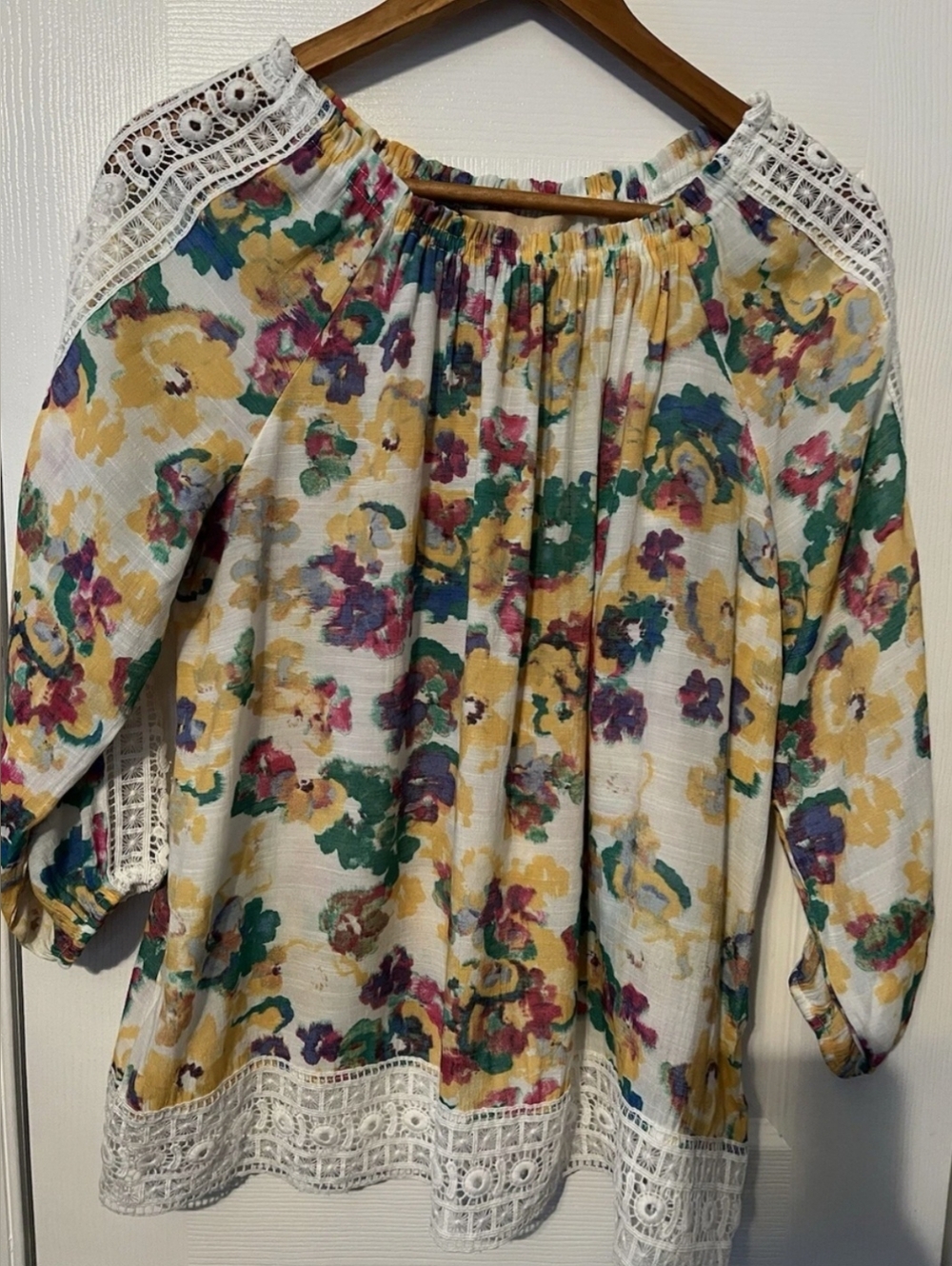 Hope And Harlow Floral Peasant Blouse in Yellow, Green & Purple Size 2x